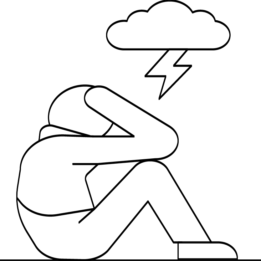 a black and white drawing of a person with a cloud and lightning bolt above their head .