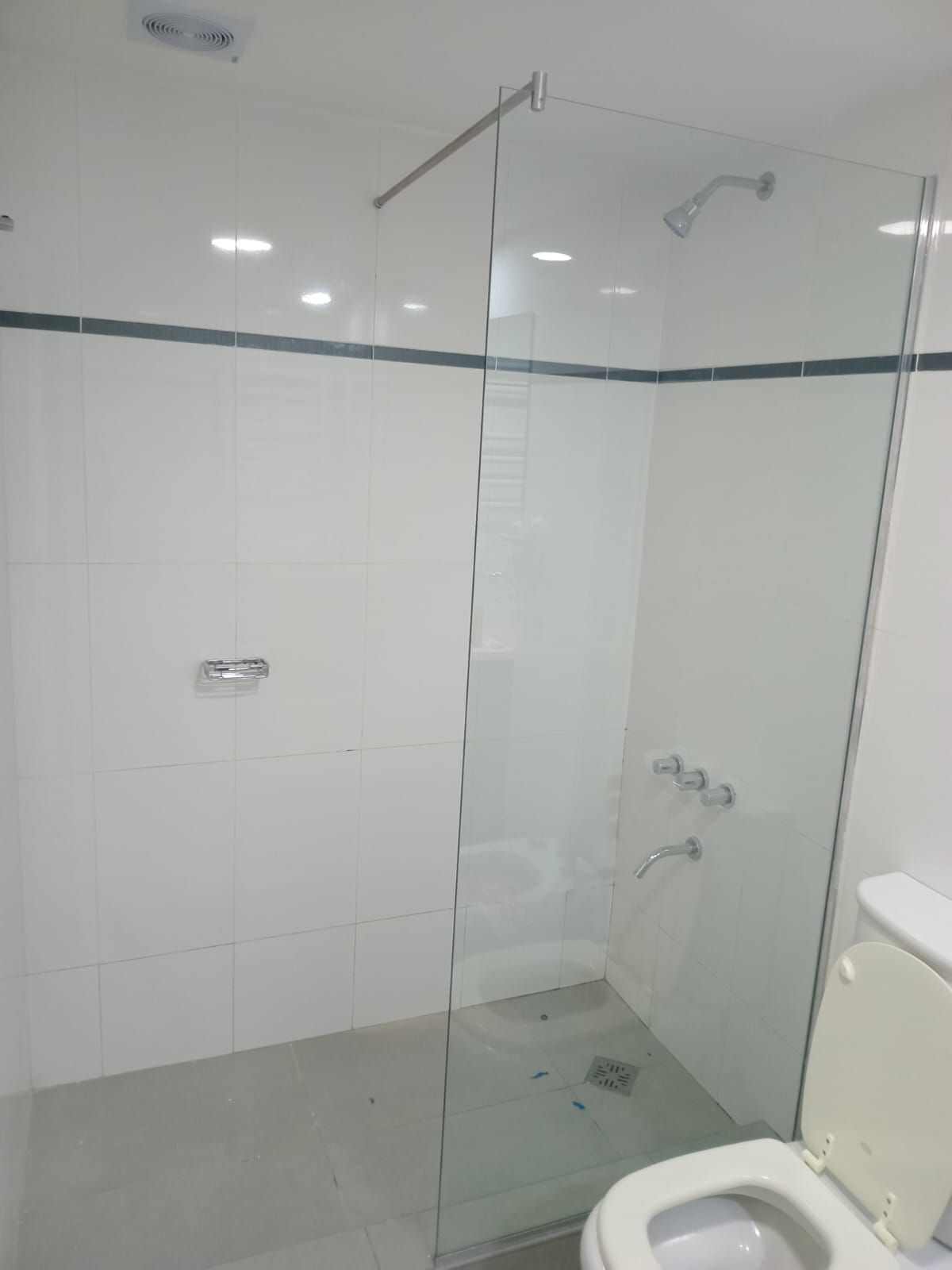 Cabina de ducha con puerta de cristal, paredes de azulejos blancos, inodoro visible.