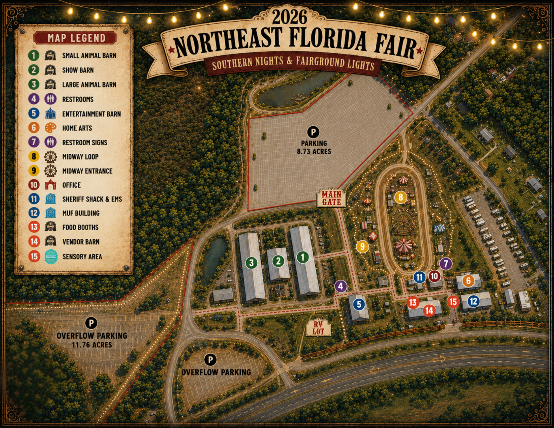 Map of the 2026 Northeast Florida Fair layout with tents, rides, parking, and entrance roads.