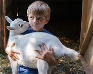 Boy holding a white goat indoors, both facing the camera
