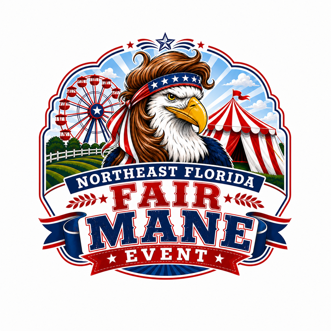 North East Florida Fair Maine event logo with eagle, Ferris wheel, and red-white striped tents
