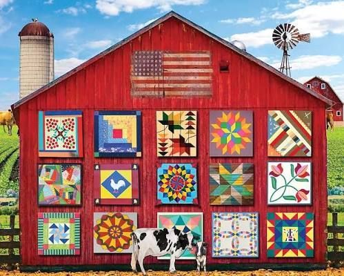 Colorful quilt block with a black dog silhouette in a white star center