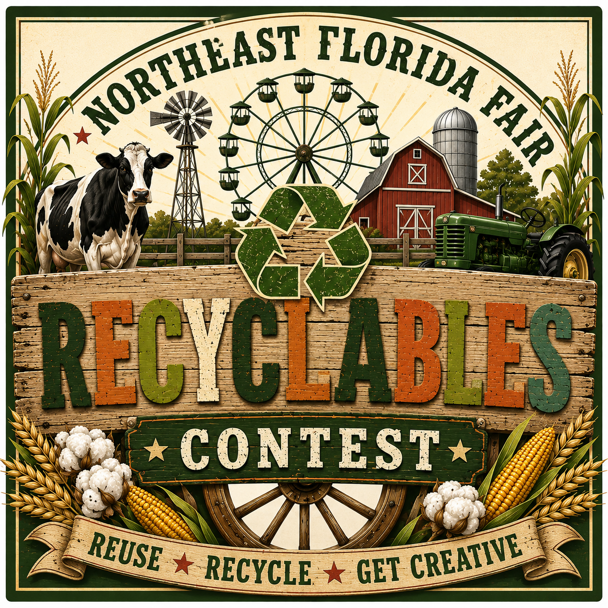 Assorted recyclables sorted into green bins, including cans, plastic bottles, paper, and cardboard scraps.