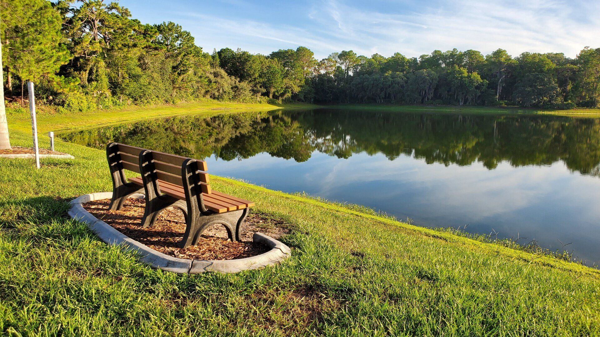 A park bench is sitting next to a lake with trees in the background.