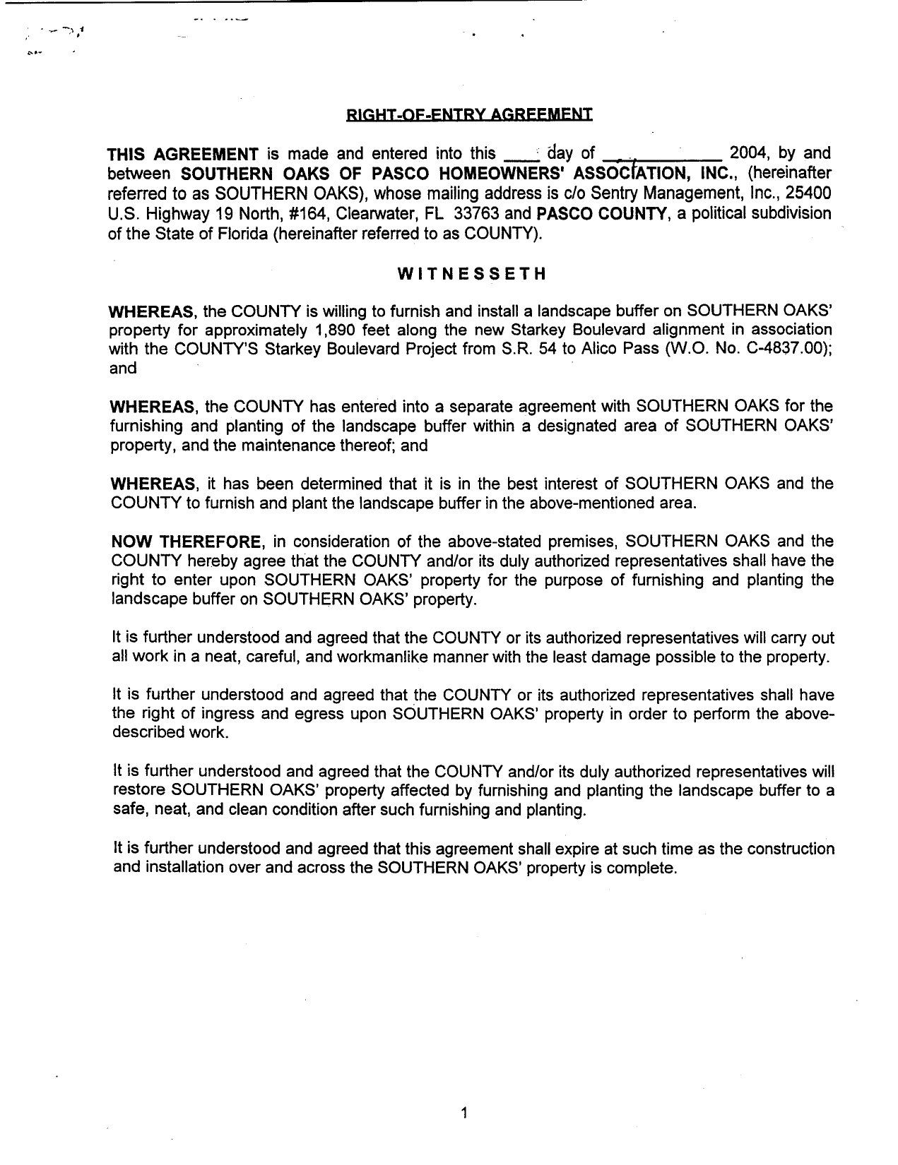 Right of Entry Agreement - Starkey Road Buffer