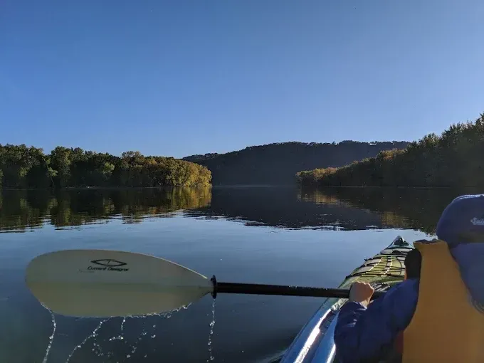 Person paddling a red kayak on a sunny, tree-lined river