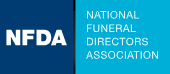 NFDA logo with white letters on dark blue and teal blocks, National Funeral Directors Association text
