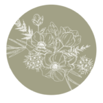 White line-art flowers on an olive-green circular background.