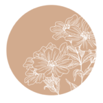 Beige circle with white line-art flowers and leaves on a white background