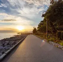 Seaside walkway at sunset with rocky shore, calm water, and trees lining the path