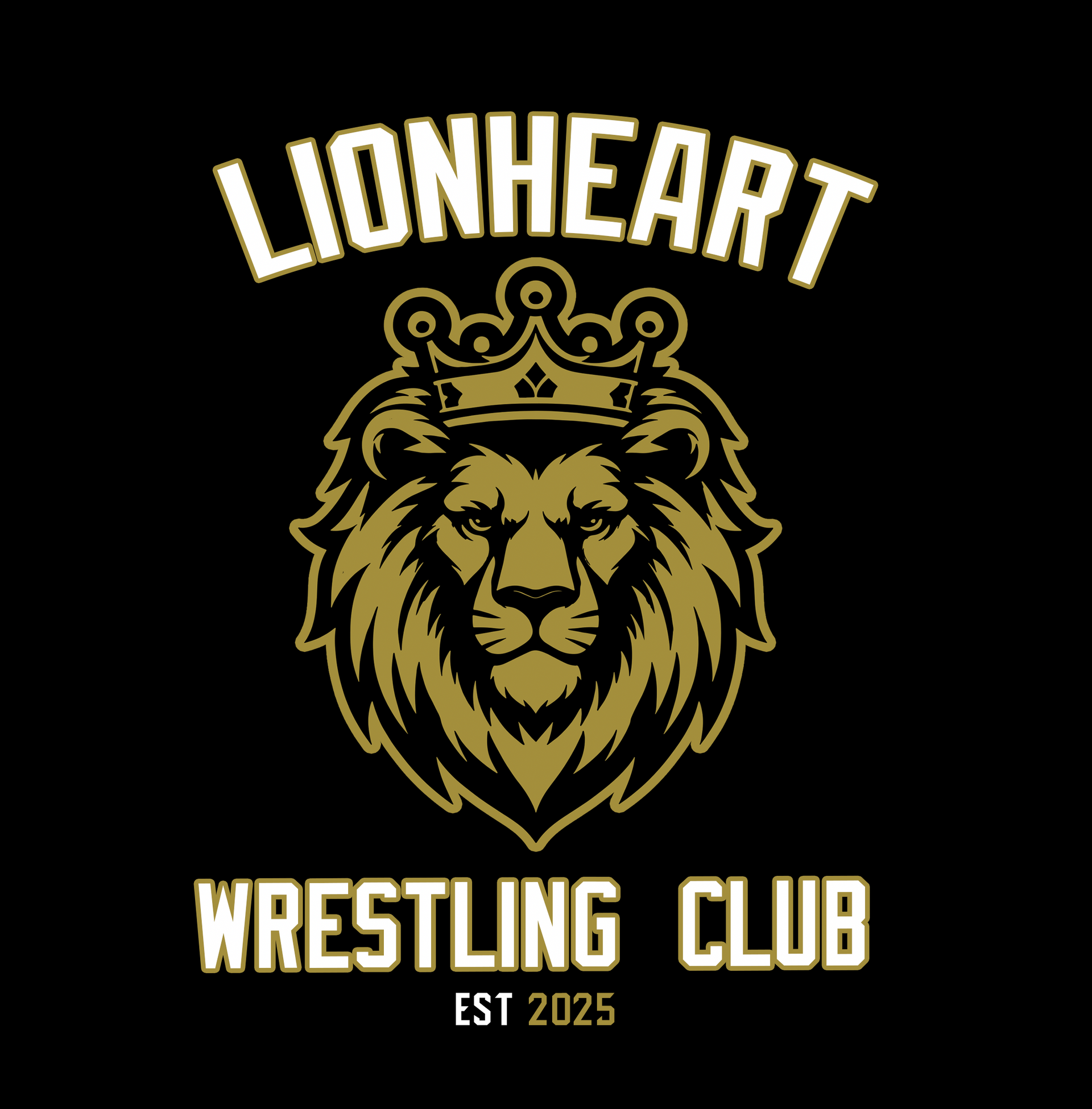 Pure Fitness Lionheart Wrestling Club logo: Golden lion head wearing a crown, with text
