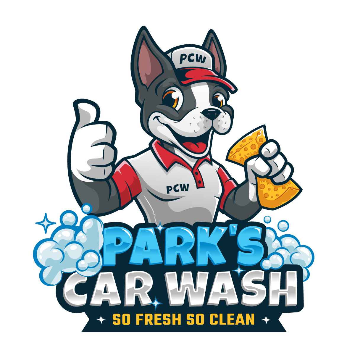 Park's Car Wash logo of a cartoon dog is holding a sponge and giving a thumbs up for park 's car wash.