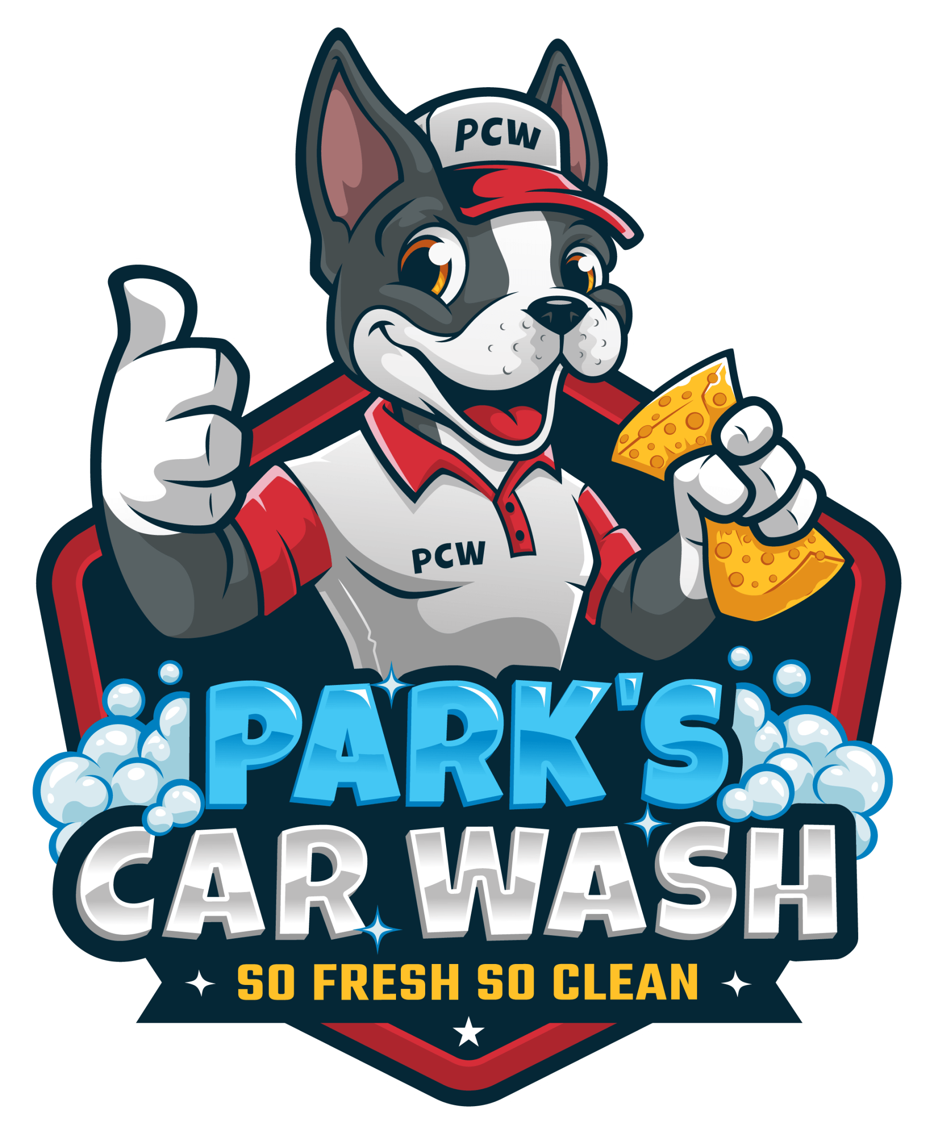 Park's Car Wash logo of a cartoon dog is holding a sponge and giving a thumbs up.
