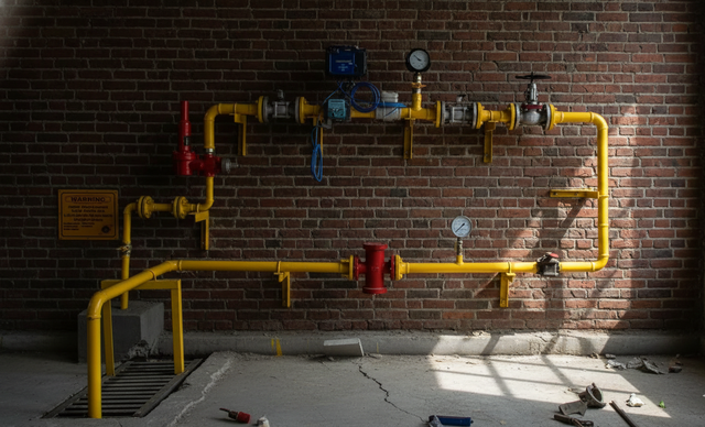 Yellow and red pipes against a brick wall, with gauges and valves.