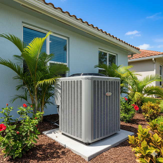 An air conditioning unit sits outside a light blue house in a sunny yard with lush plants.