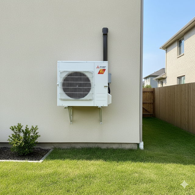 White AC unit on exterior wall with black pipe, next to grassy yard.