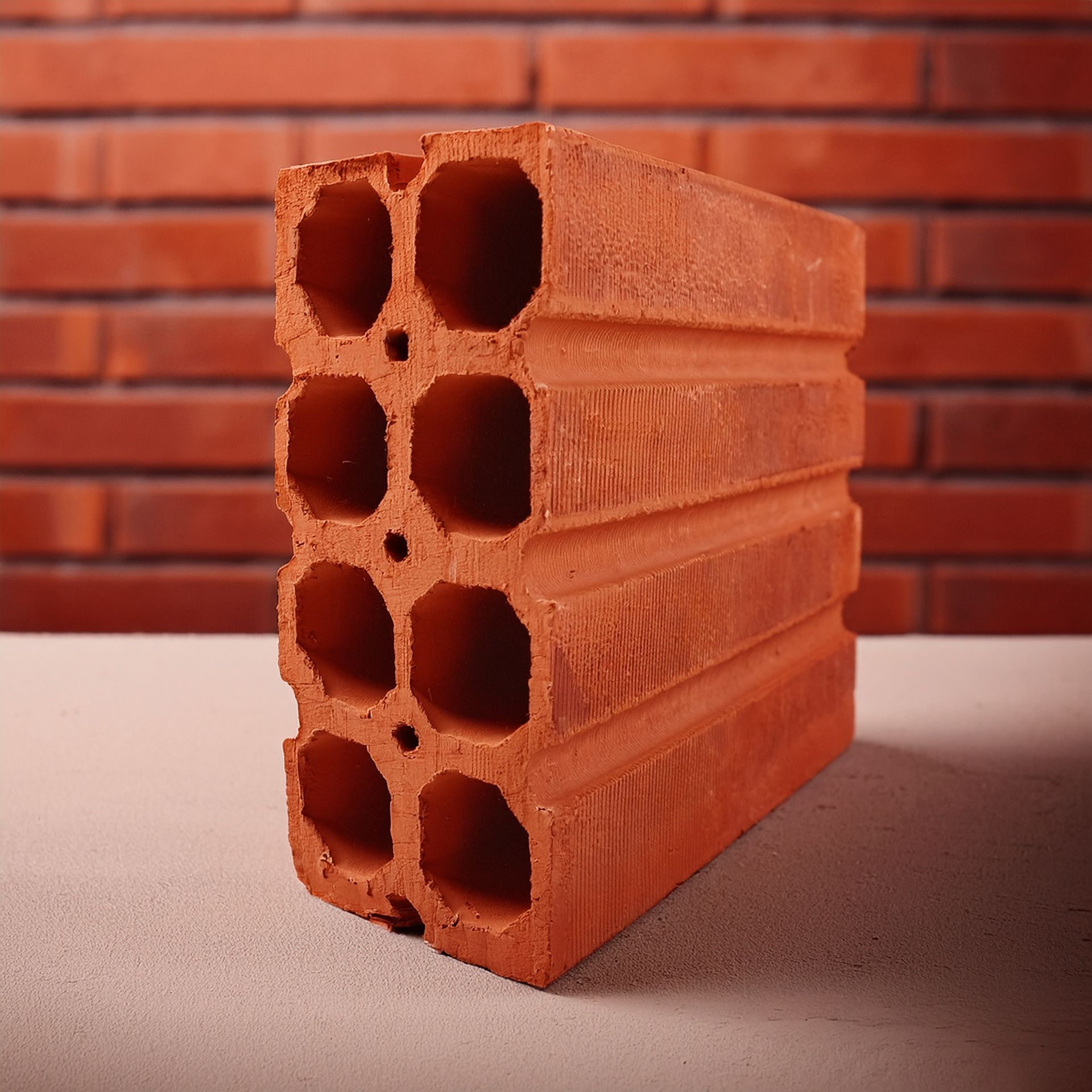 Um tijolo com buracos está sobre uma mesa em frente a uma parede de tijolos