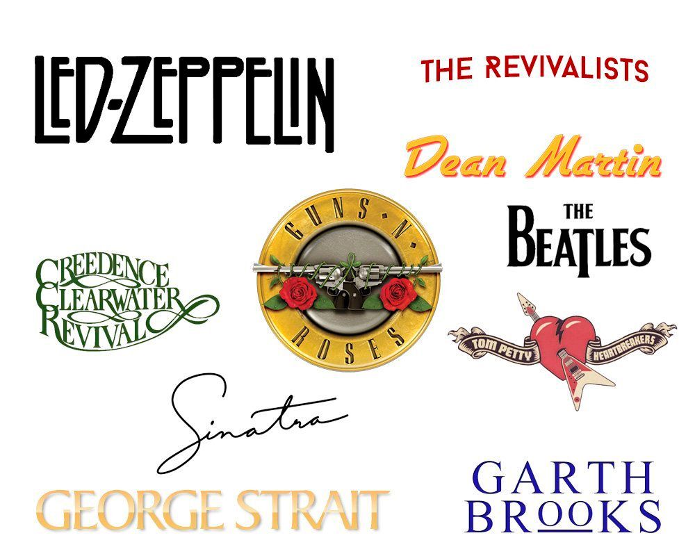 Logos of Led Zeppelin, Creedence Clearwater Revival, Guns N' Roses, The Beatles, and more