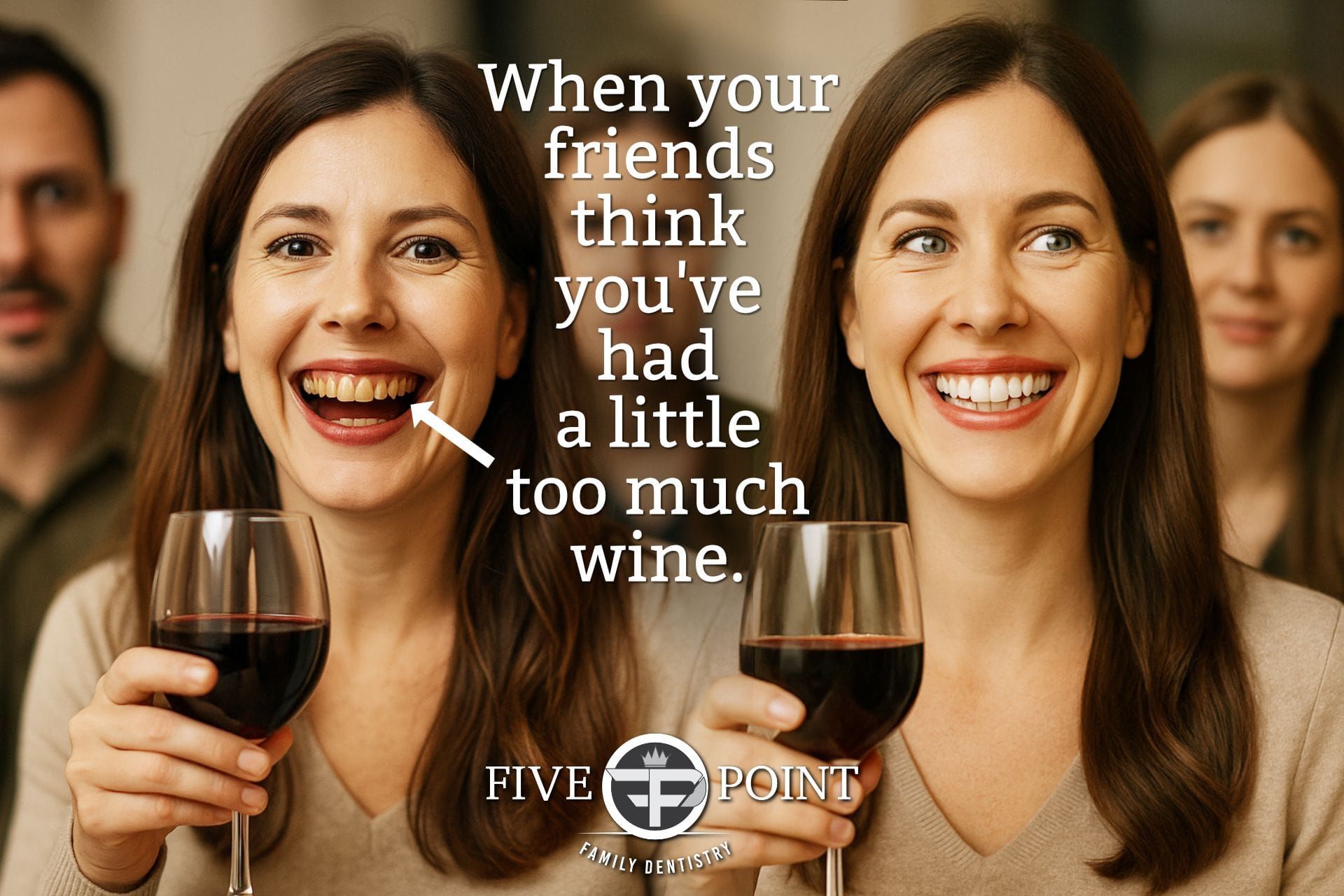 Two women with wine laughing; text: 