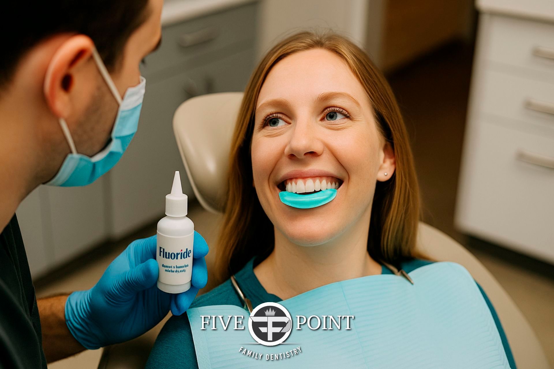 Dentist applying teeth whitening agent to a patient's mouth in a dental office.