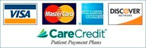 Logos for Visa, Mastercard, American Express, Discover, and CareCredit.