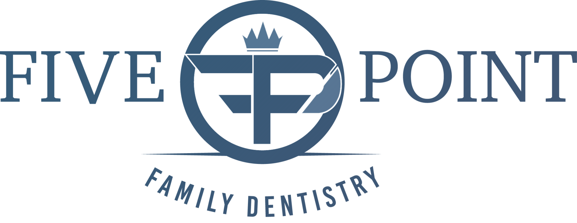 The logo for five point family dentistry has a crown on it.