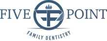 The logo for five point family dentistry has a crown on it.
