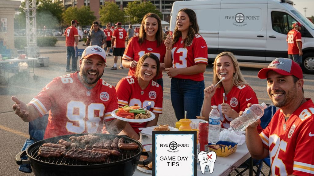 Group tailgating before a football game. People in red jerseys enjoy food and drinks next to a grill and van.