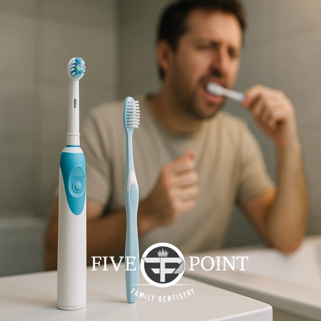Man brushing teeth, holding a toothbrush. Two toothbrushes in front; one electric, one manual. Bathroom setting.
