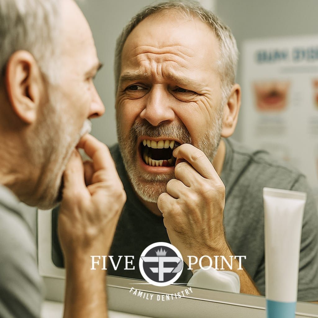 Man looking in mirror, grimacing while examining his teeth. Toothpaste tube visible. Five Point Family Dentistry logo.