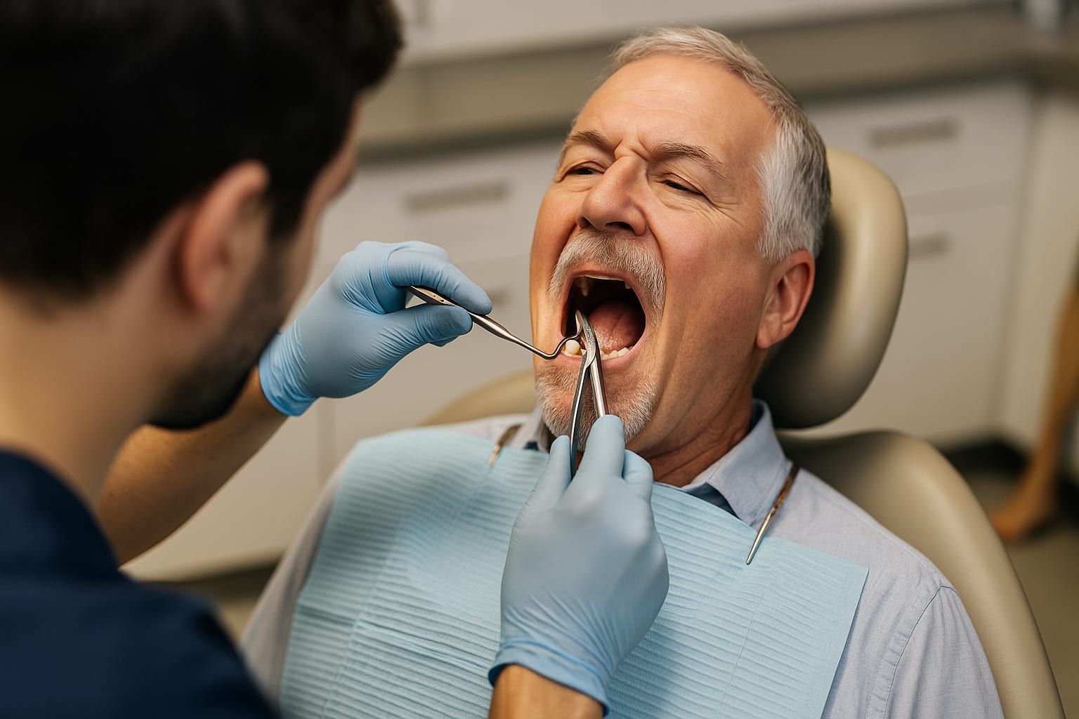 Man in dentist chair with mouth open, being examined. Dentist holds tools, wearing gloves.