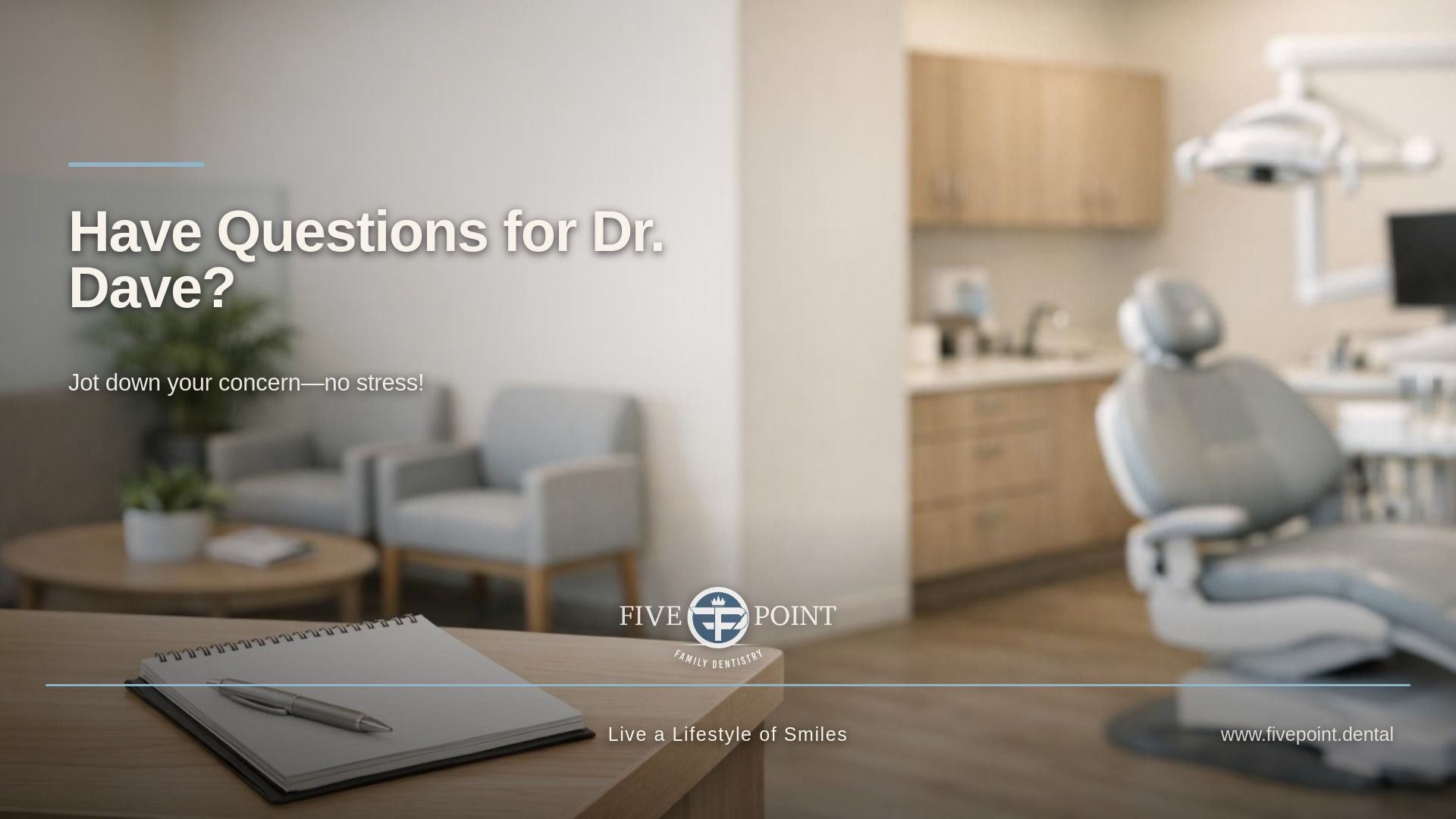 Concept illustration: dental reception area, notepad and pen by counter, warm light, no people—welcoming scene for Olathe