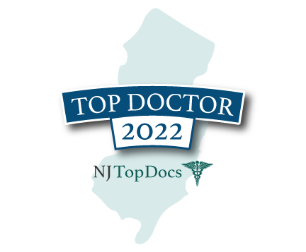 NJ Top Docs 2022 Top Doctor badge featuring the shape of New Jersey.