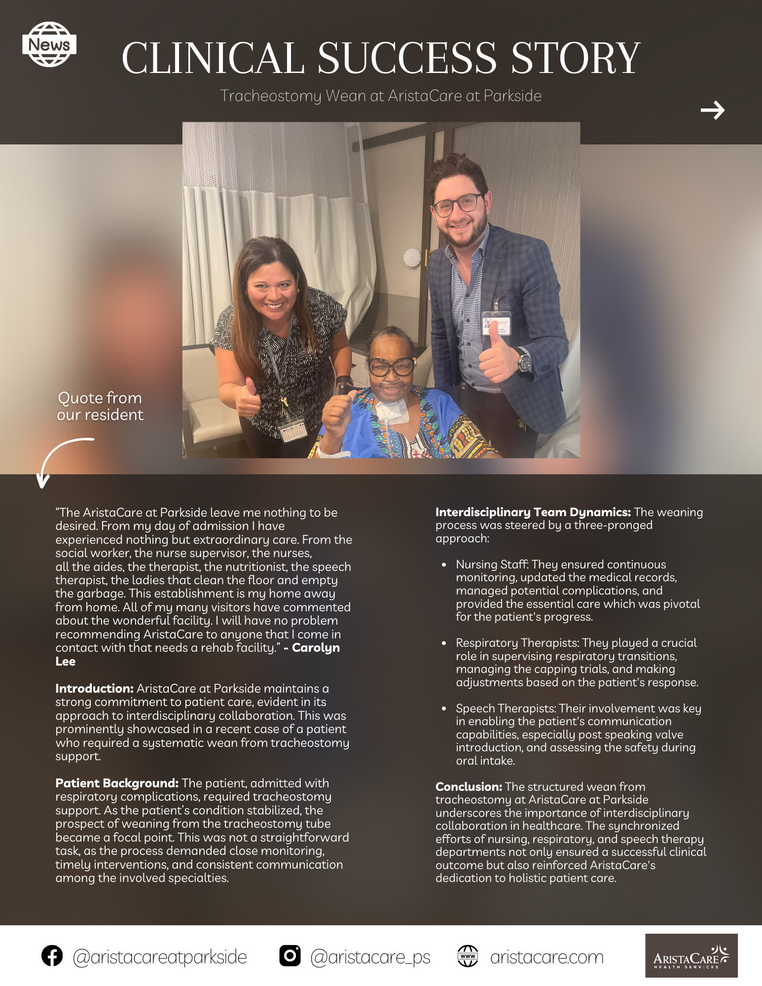 Tracheostomy wean success story at AristaCare at Parkside in Linden NJ