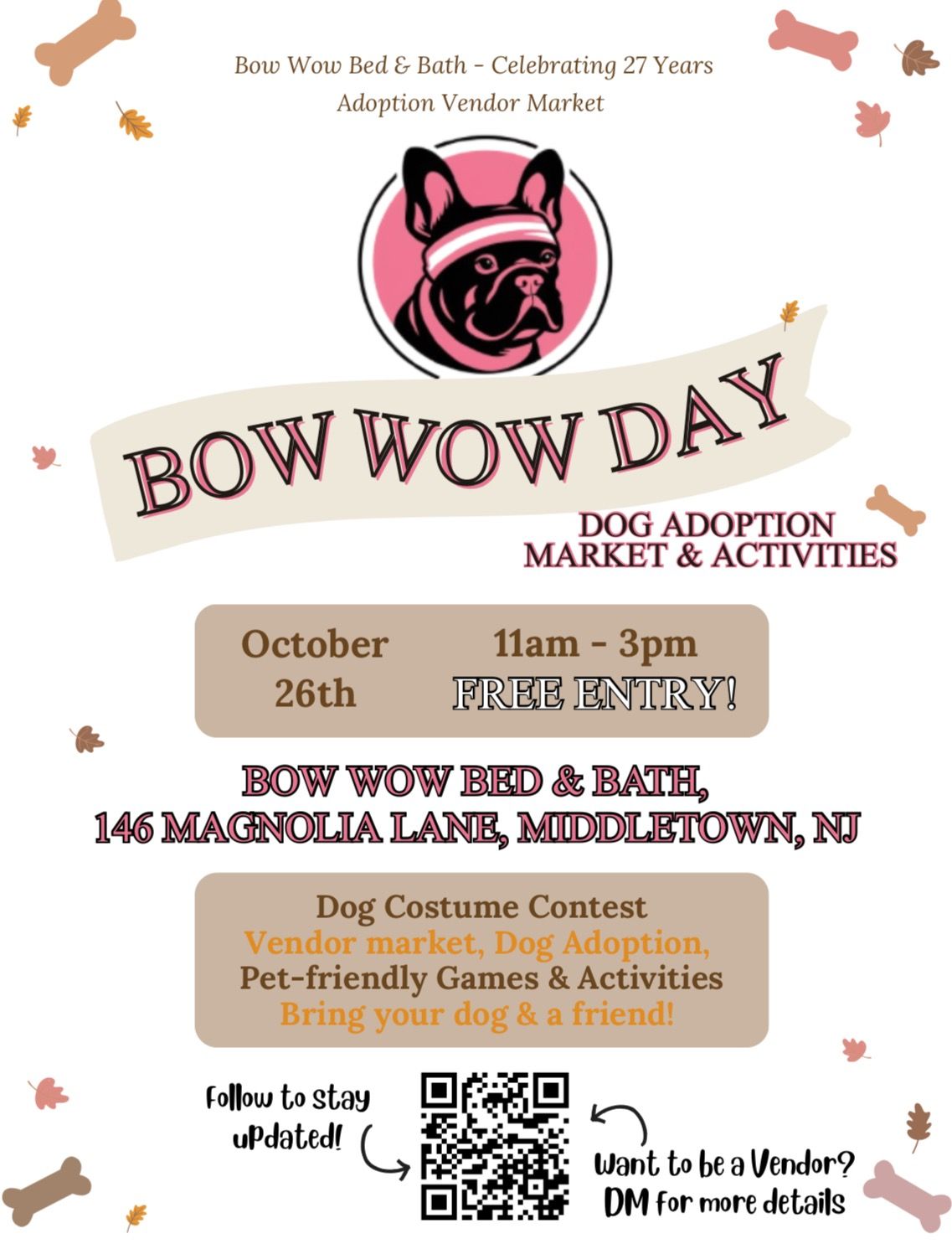 Event flyer for Bow Wow Day, Oct 26th, 11am-3pm at Bow Wow Bed & Bath in Middletown, NJ,