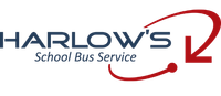 Logo for Harlow's School Bus Service. Text with a red curved arrow and dot.