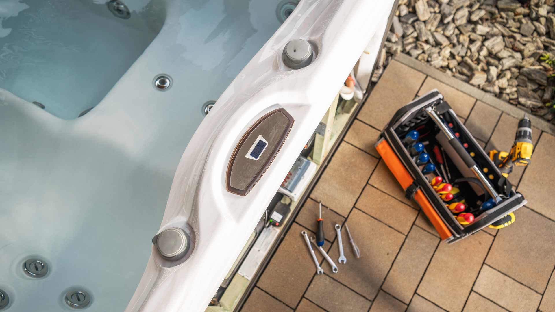 A hot tub is being repaired with tools and a toolbox.
