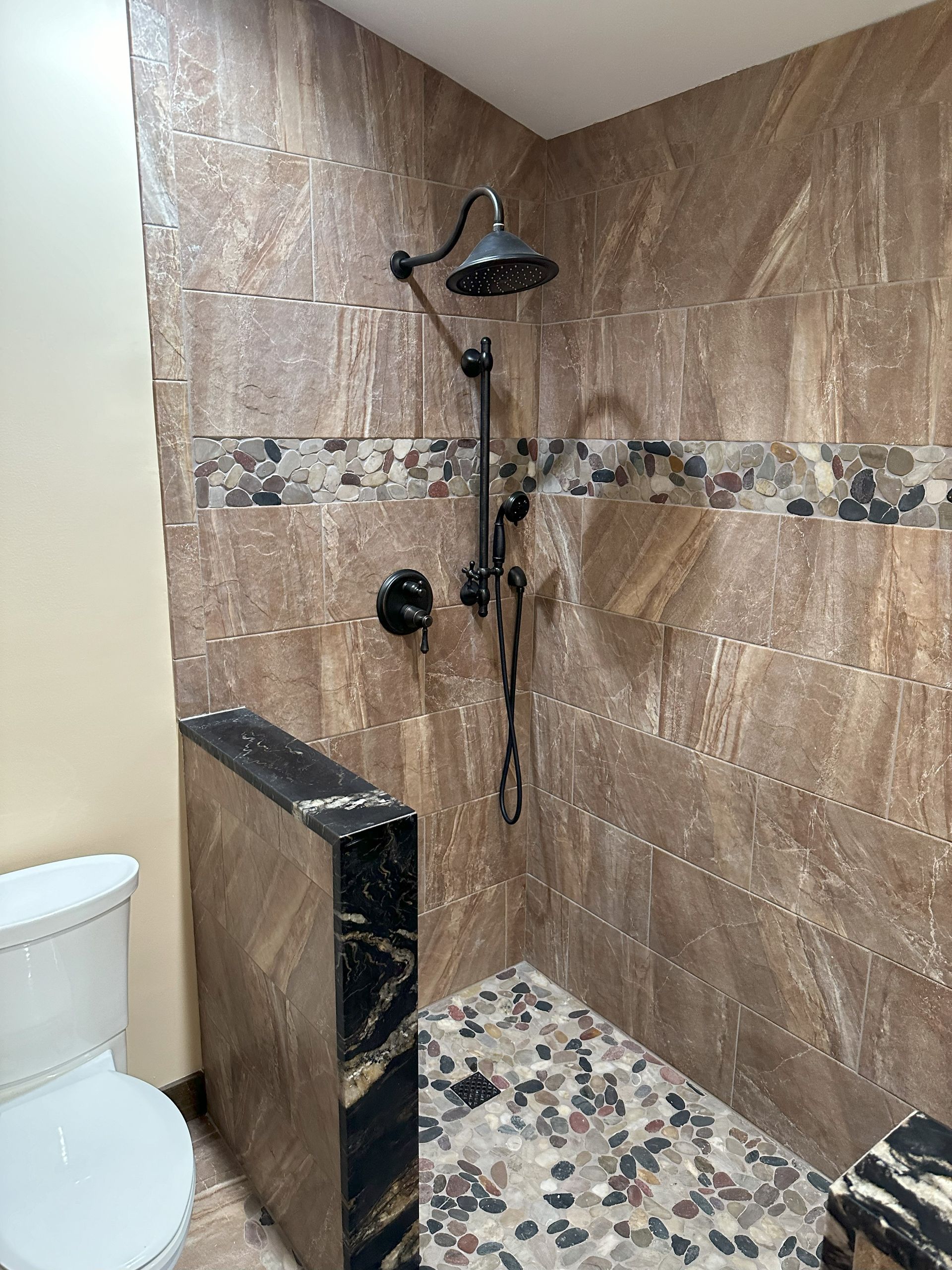 a bathroom with a walk in shower , toilet and sink .