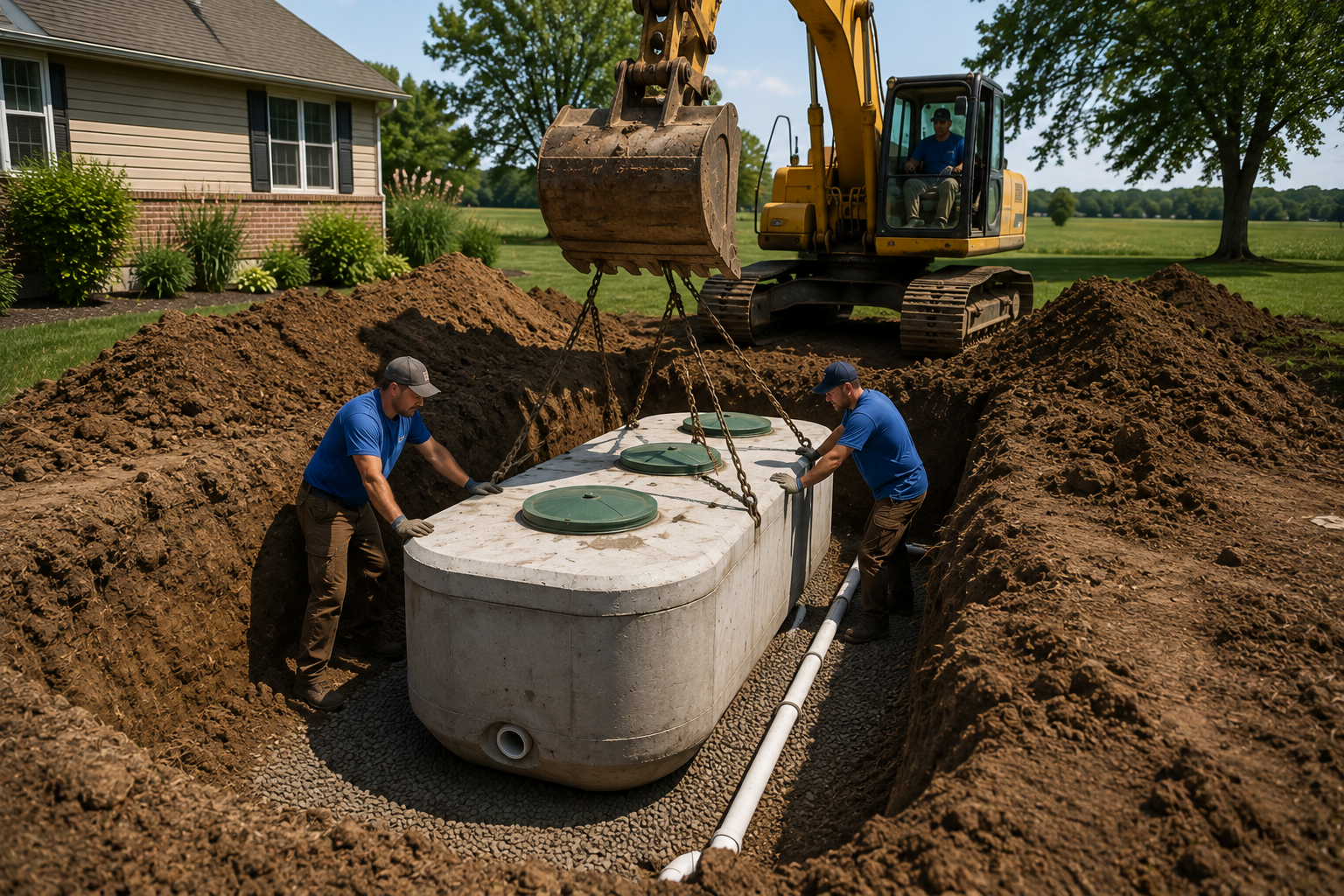 Workers install a septic tank in a dug trench beside a house, with an excavator nearby.