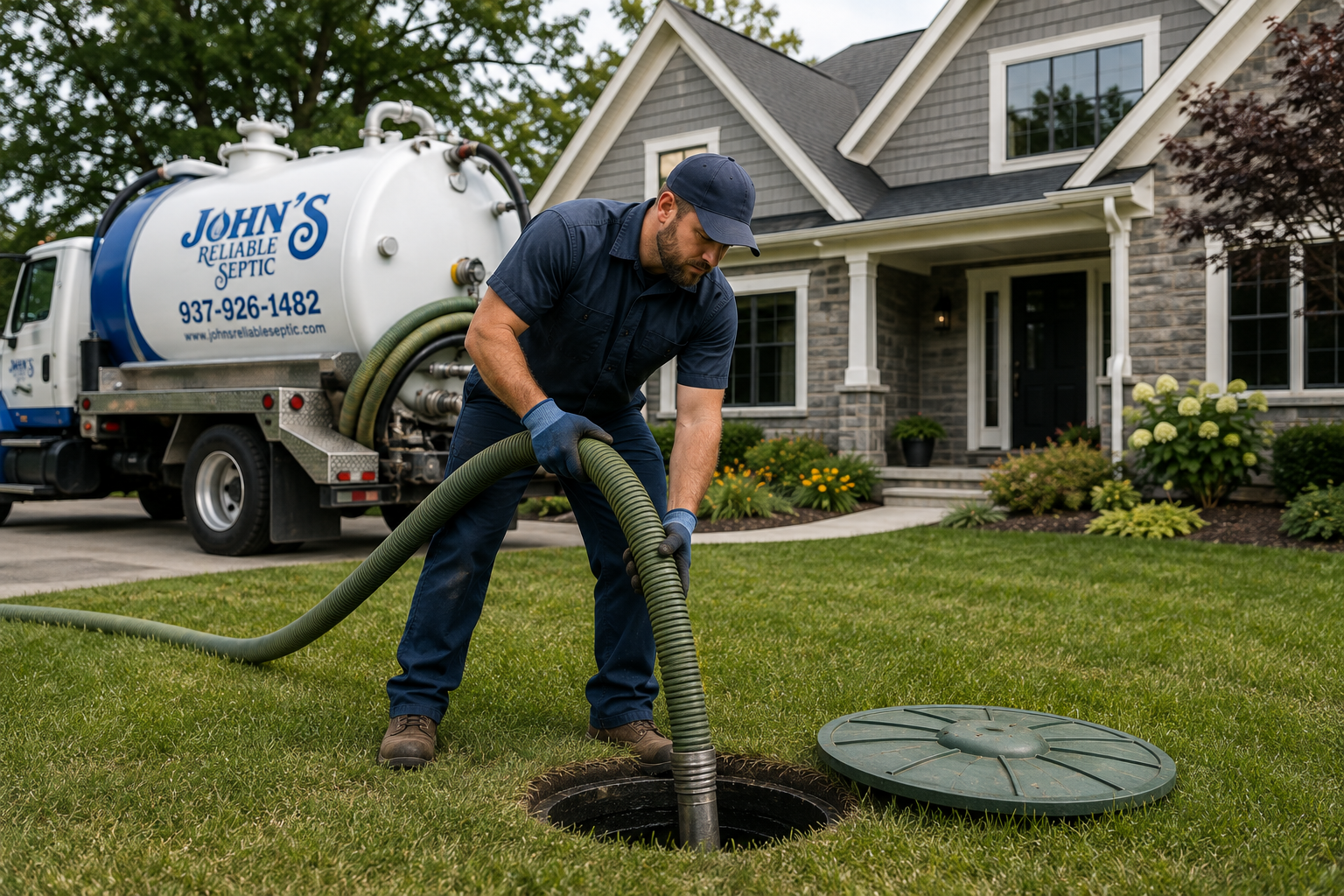 Worker vacuuming a lawn drain beside a white house with a tanker truck in the driveway