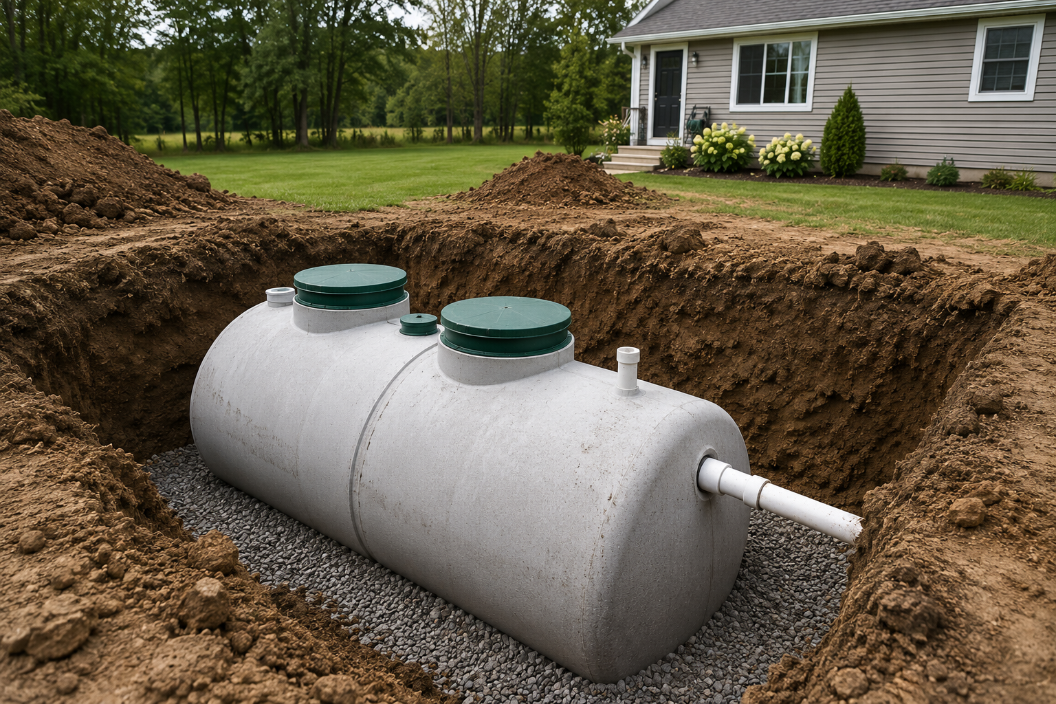 Large underground fiberglass tank with two green caps in a backyard trench beside a house