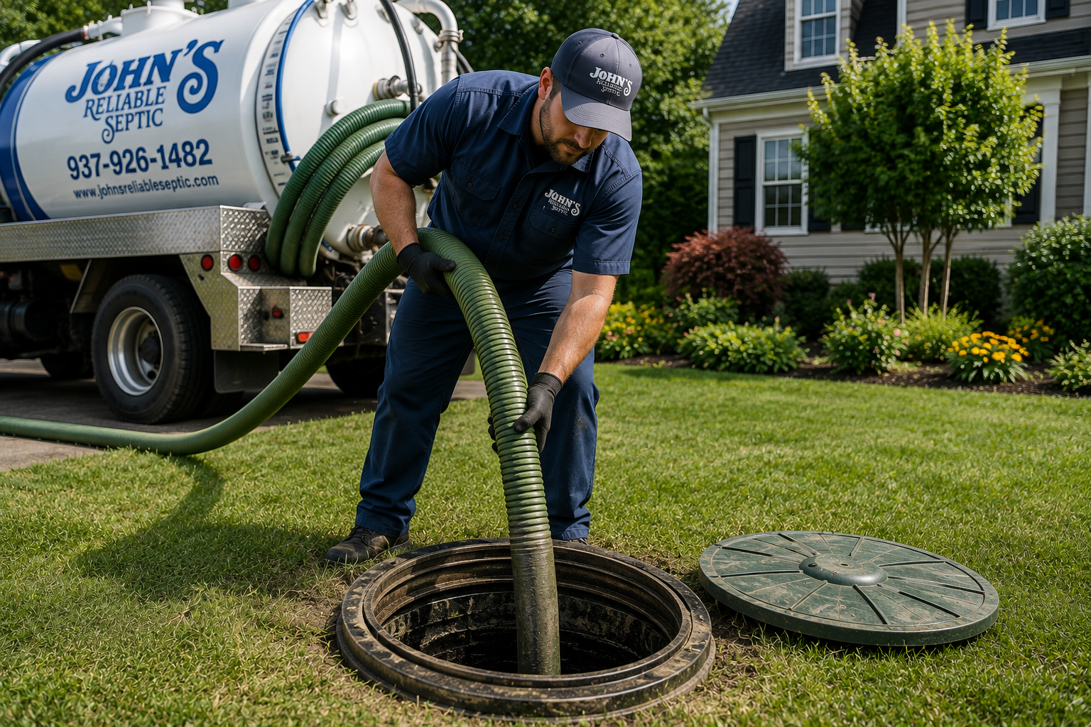 Worker in blue uniform vacuuming a sewer line on a suburban lawn next to a service truck.
