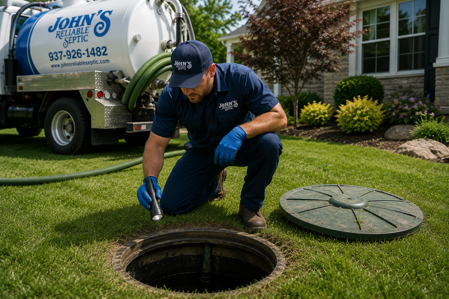 Utility worker inspecting an open lawn sewer access with a truck in the background