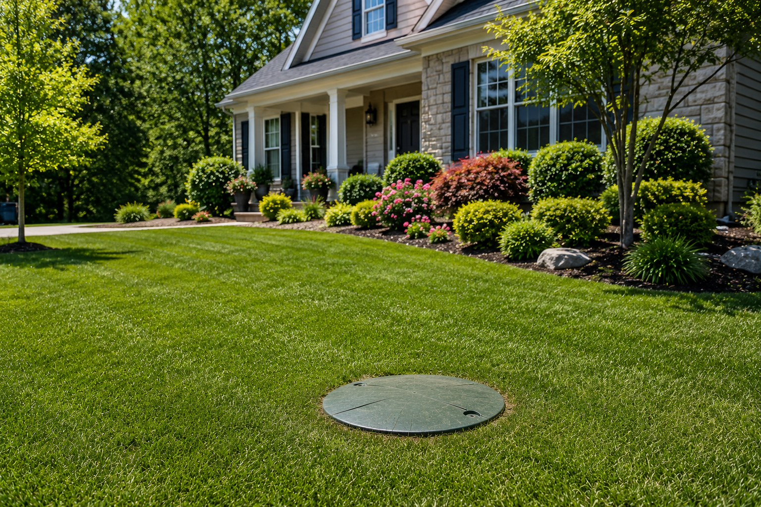 Suburban house with manicured lawn, shrubs, and a circular utility cover in the foreground