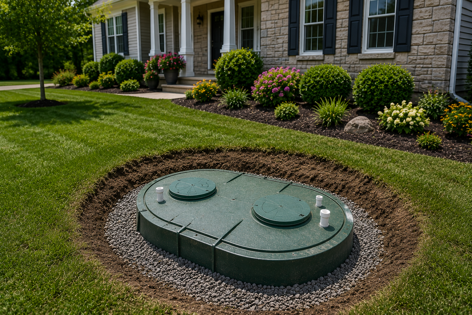 Green utility cover in a landscaped lawn beside a house with stone siding and shrubs.