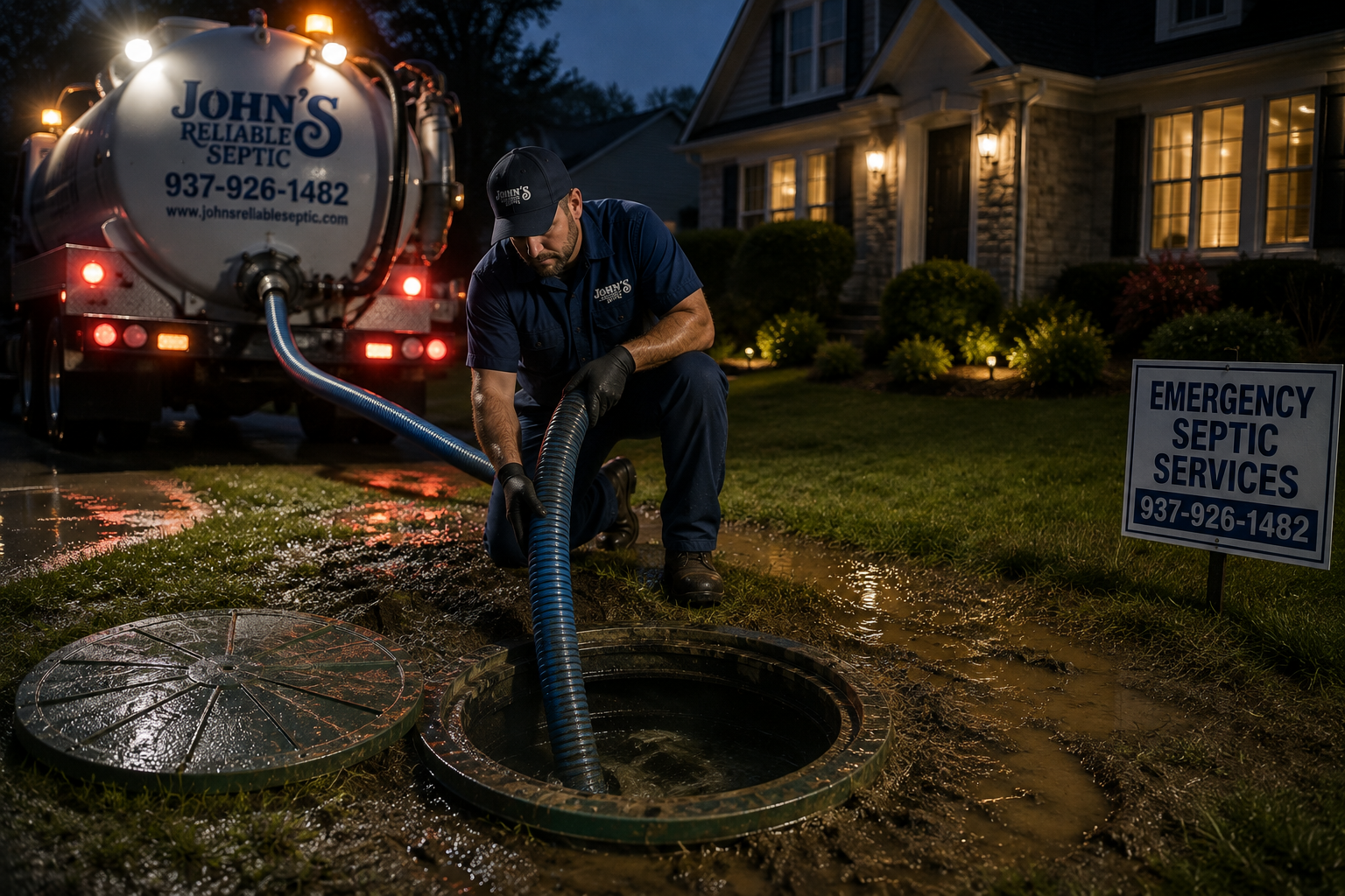 Worker cleaning a septic tank at night beside a house, with service truck and sign visible