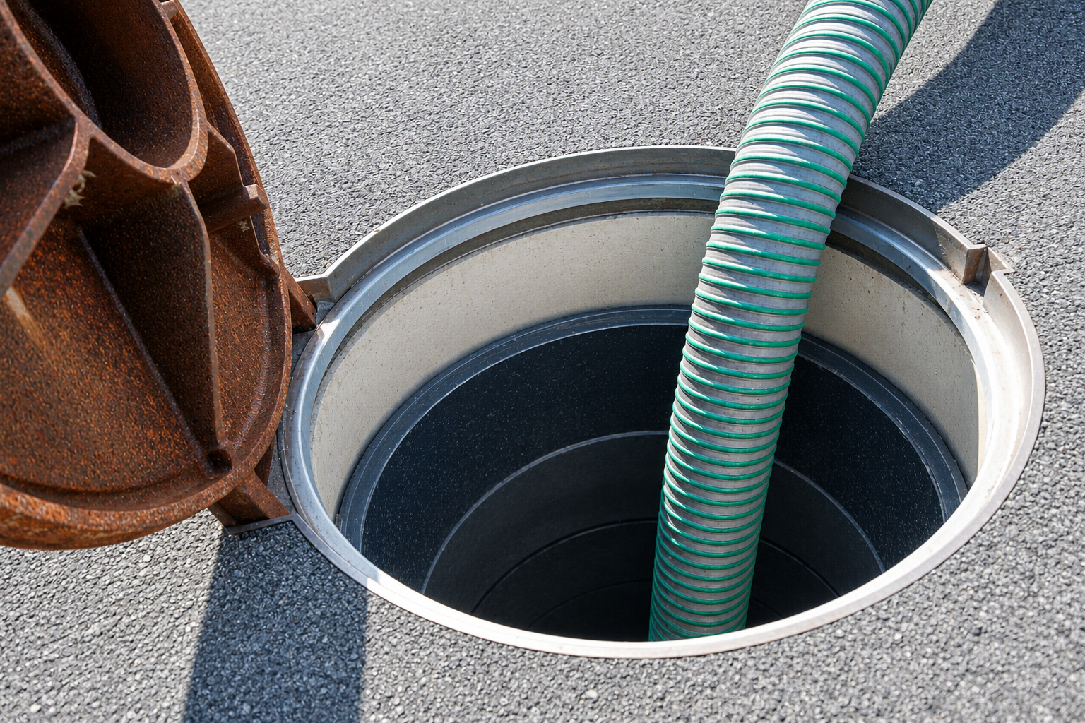 Open roof vent with a green hose inserted into a black cylindrical opening on a gray gravel surface.