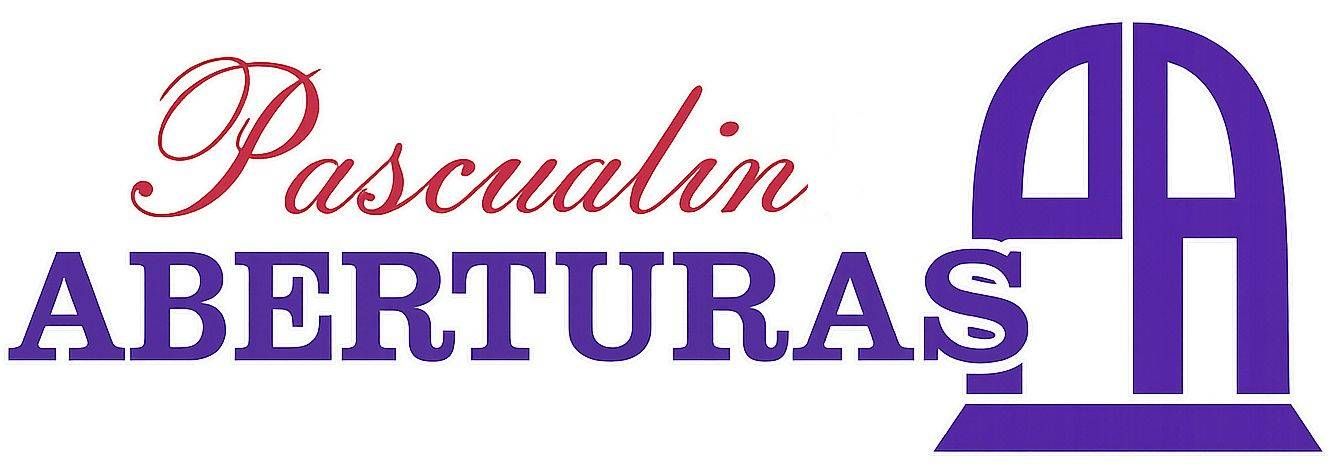 Logotipo de “Pascualini ABERTURAS” en rojo y morado con un icono de puerta morada estilizada.