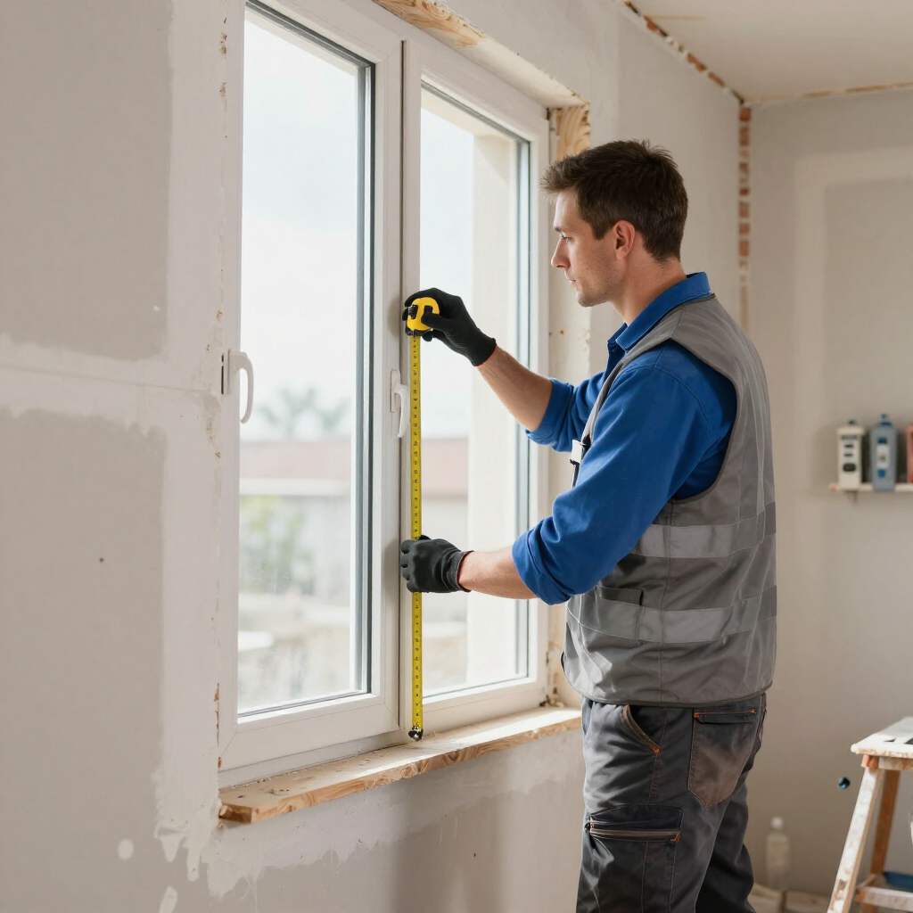 Un trabajador mide el marco de una ventana con una cinta métrica en una habitación en obras.