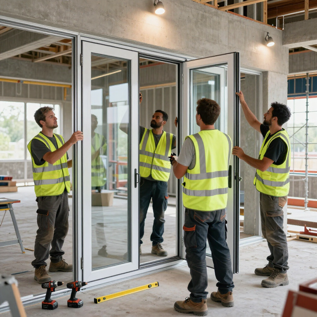 Cuatro obreros de la construcción con chalecos de seguridad instalando un gran marco de puerta de cristal blanco en el interior.